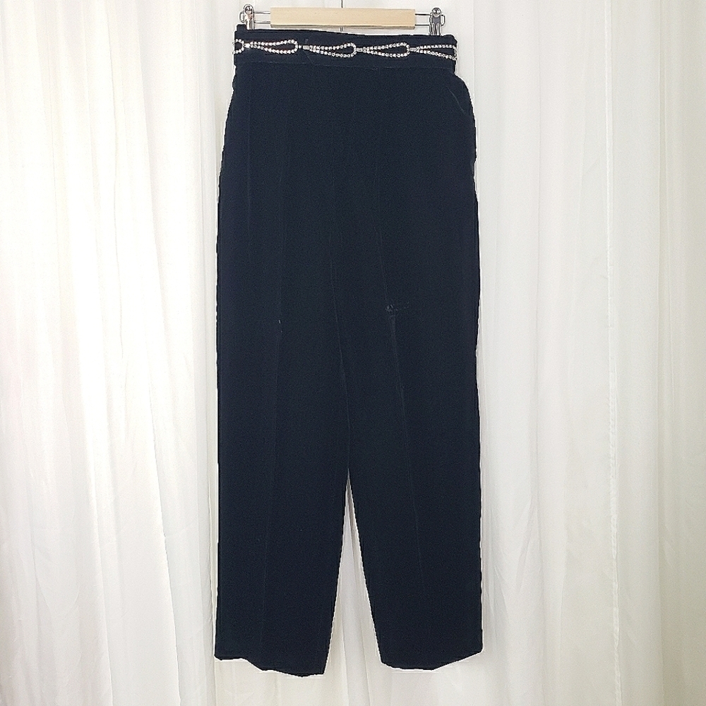 Vintage Gloria Sachs black velvet high rise pants size 8 rhinestone belt